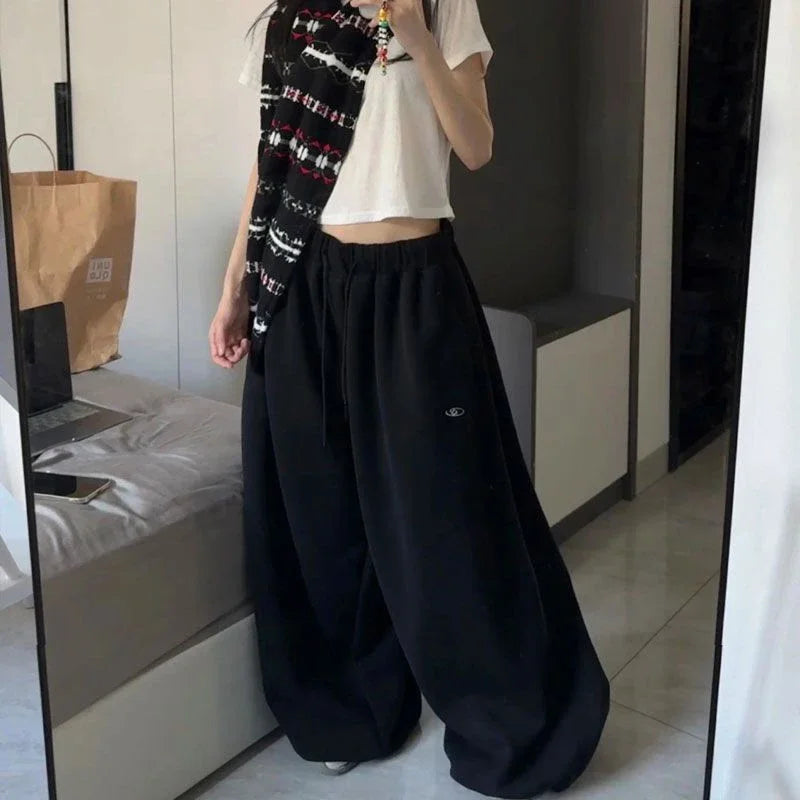 Czarne Spodnie Dresowe Damskie Wide Leg Wysoki Stan – Retro HipHop Korean