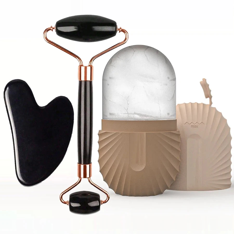Lodowy roller do twarzy z Gua Sha – zestaw 1/2/3 szt. | masaż, lifting i konturowanie