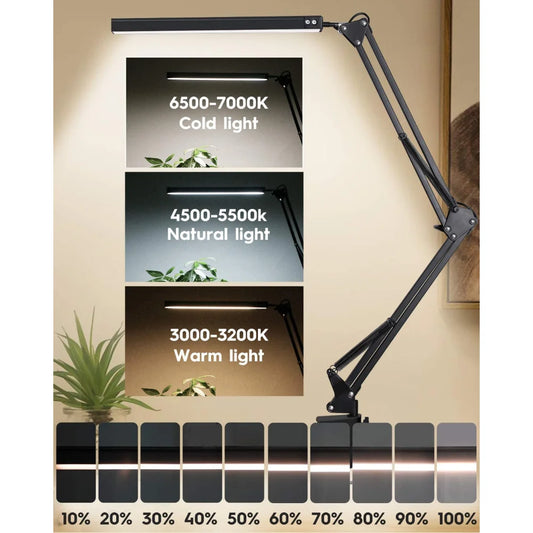 Lampka biurkowa LED 10W z imadłem i ramieniem | 10 poziomów jasności, 3 tryby, USB | ALTCHIHYQ