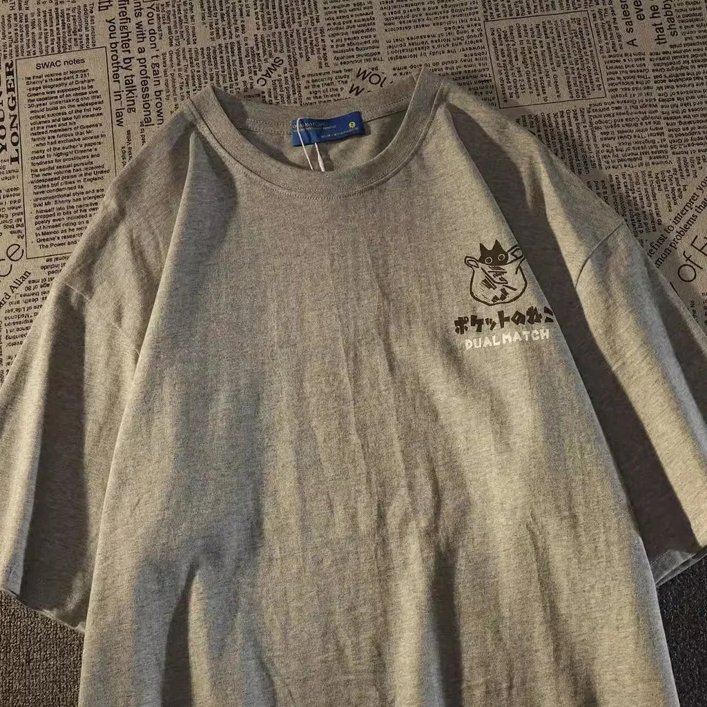 T-shirt z kotem retro japoński oversized unisex koszulka