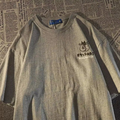 T-shirt z kotem retro japoński oversized unisex koszulka
