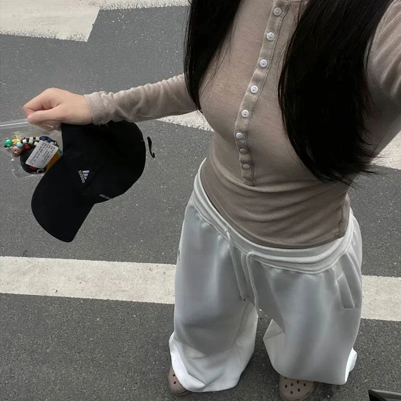 Czarne Spodnie Dresowe Damskie Wide Leg Wysoki Stan – Retro HipHop Korean