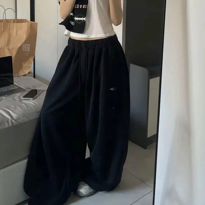 Czarne Spodnie Dresowe Damskie Wide Leg Wysoki Stan – Retro HipHop Korean