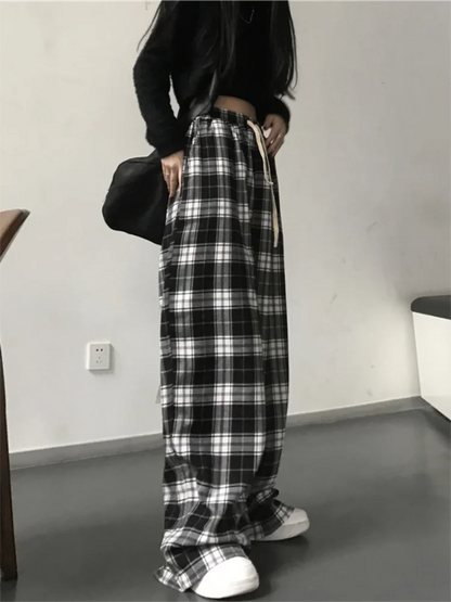 Spodnie Dresowe Oversize w Czarną Kratę – Baggy Unisex HipHop z Kieszeniami
