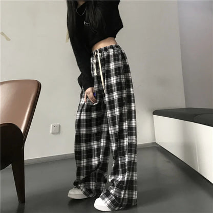 Spodnie Dresowe Oversize w Czarną Kratę – Baggy Unisex HipHop z Kieszeniami