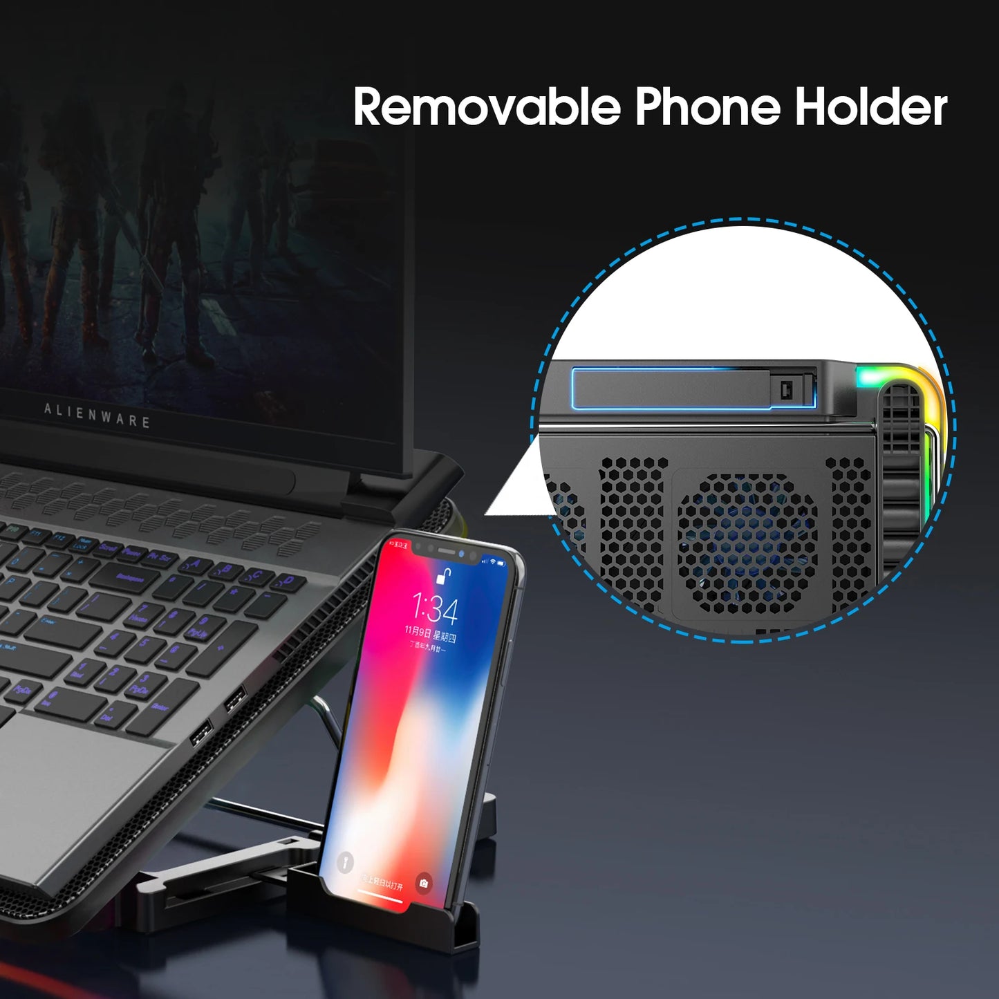 Podstawka chłodząca pod laptopa 15,6"-17,3" | 6 cichych wentylatorów, 7 poziomów wysokości, uchwyt na telefon | Coolcold F5