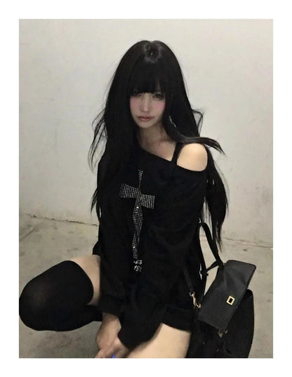 Czarna Bluza z Nadrukiem na Jedno Ramię – Y2K Grunge Harajuku 2000s
