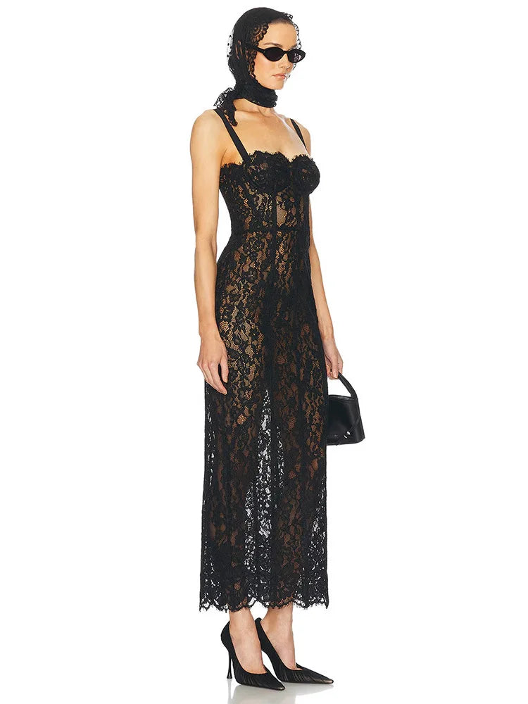 Czarna Koronkowa Sukienka Maxi Bodycon V-neck – Wieczorowa na Imprezę i Randkę