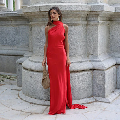 Satynowa Sukienka Halter Maxi z Odkrytymi Plecami – Wesele Studniówka Lato