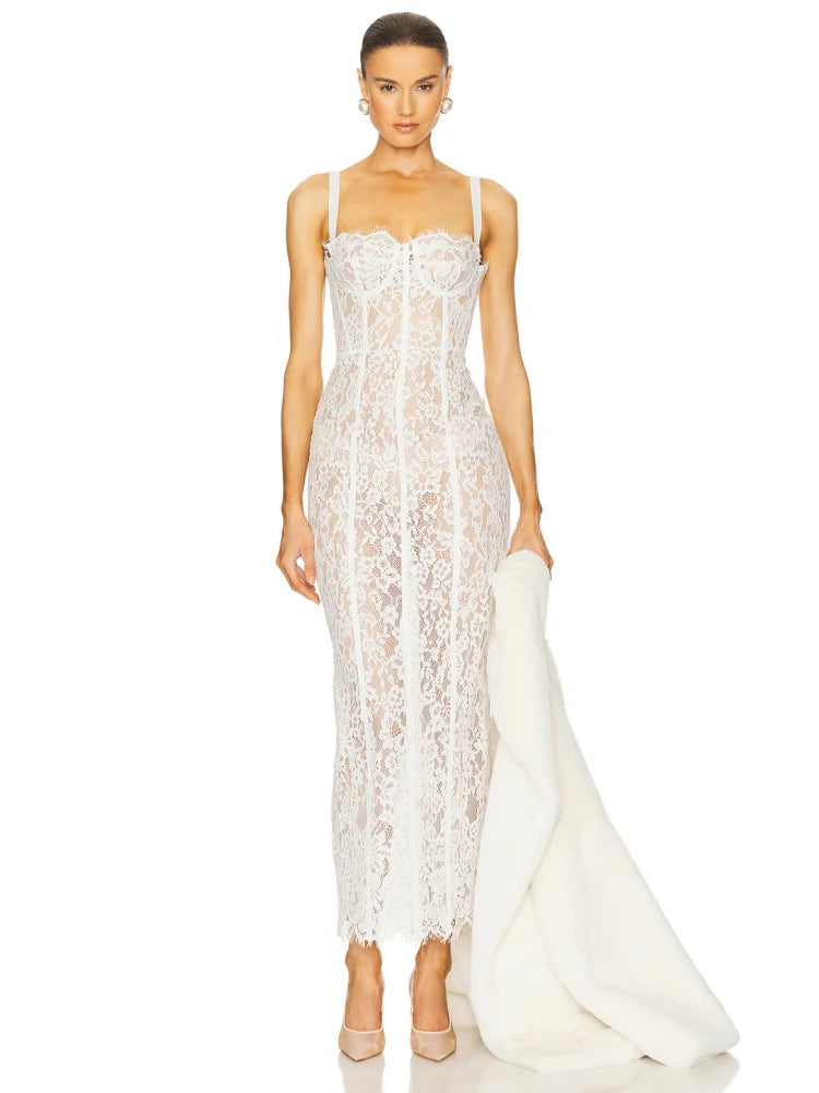 Czarna Koronkowa Sukienka Maxi Bodycon V-neck – Wieczorowa na Imprezę i Randkę