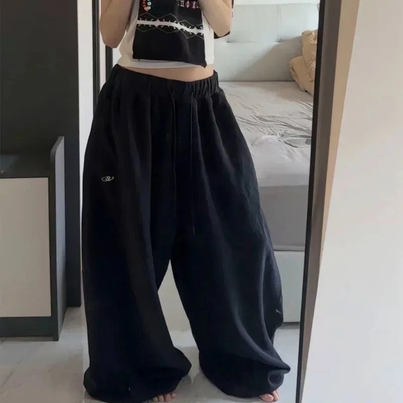 Czarne Spodnie Dresowe Damskie Wide Leg Wysoki Stan – Retro HipHop Korean