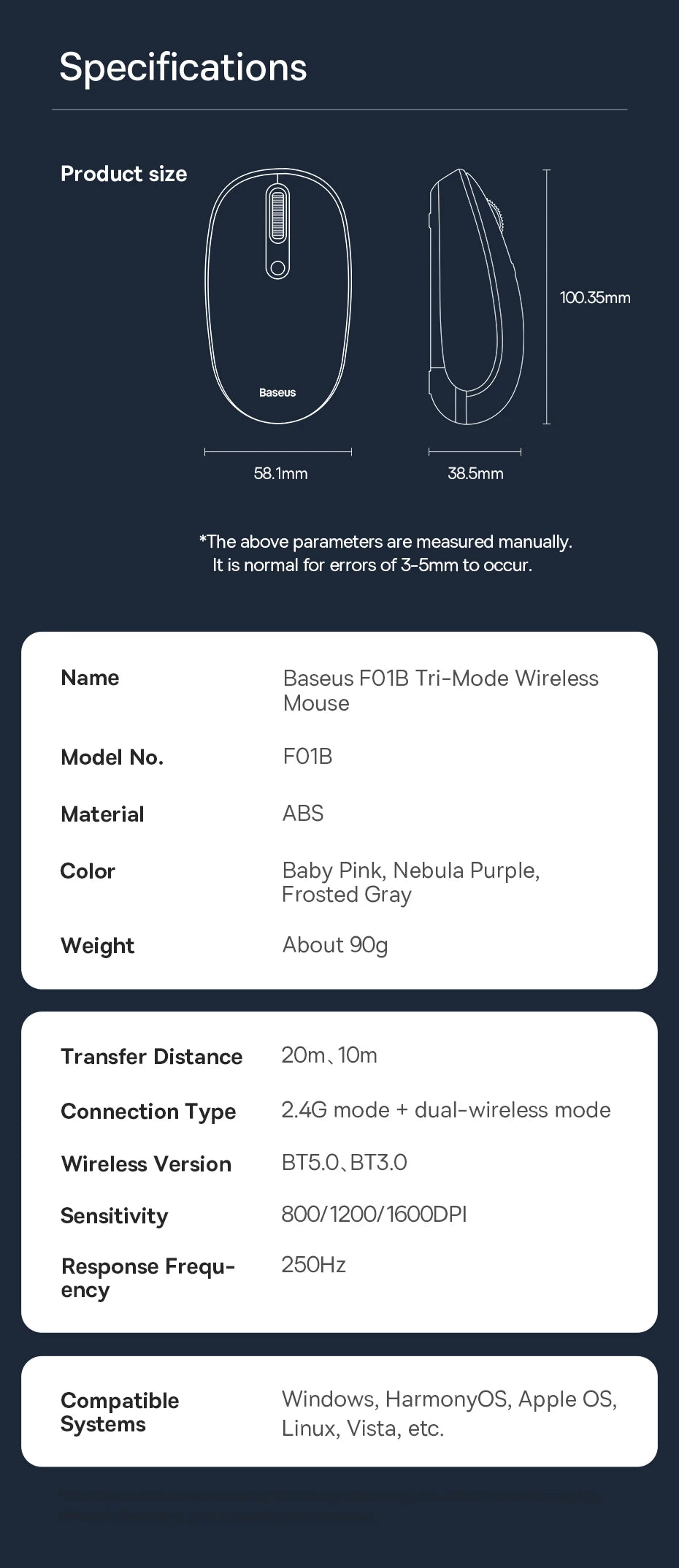 Baseus F01B Mysz Bezprzewodowa Bluetooth 3w1 (BT5.0 + BT3.0 + 2.4GHz) 1600DPI Cicha Ergonomiczna