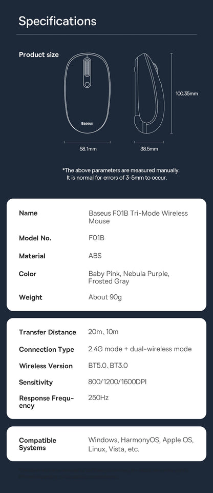 Baseus F01B Mysz Bezprzewodowa Bluetooth 3w1 (BT5.0 + BT3.0 + 2.4GHz) 1600DPI Cicha Ergonomiczna
