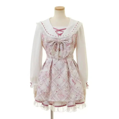 Sukienka Kawaii Lolita z Kokardą i Nadrukiem – Japoński Styl Fake Two Piece
