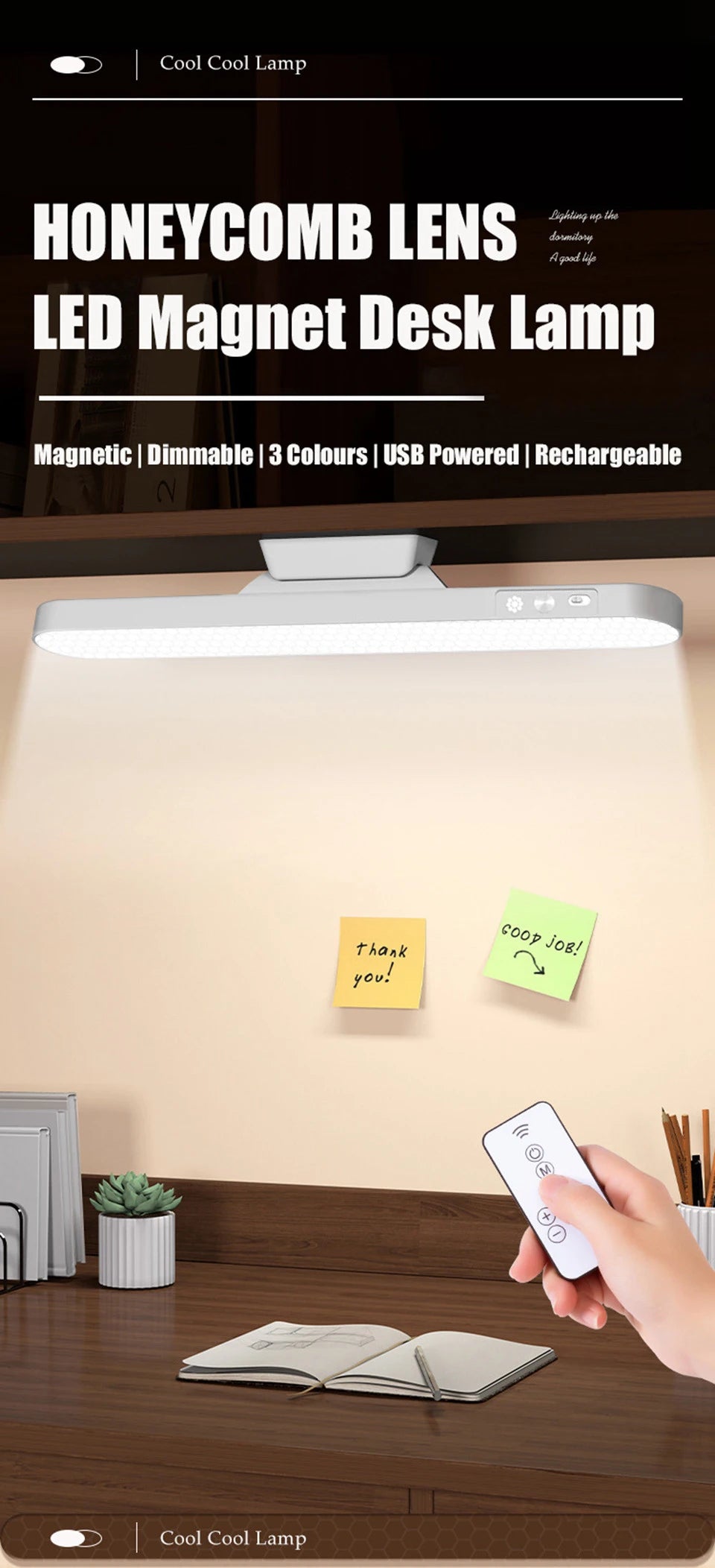 Lampka biurkowa LED USB z magnesem – 3 barwy światła, ściemnialna, akumulatorowa