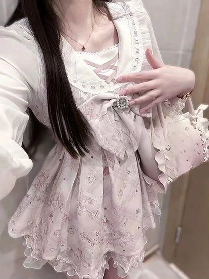 Sukienka Kawaii Lolita z Kokardą i Nadrukiem – Japoński Styl Fake Two Piece