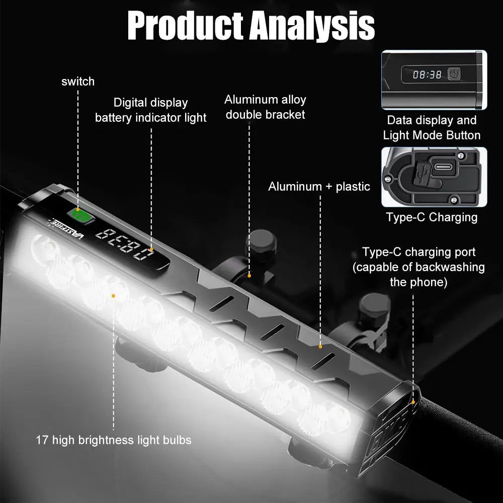 Bicycle Light Front 8/17LED 25500Lumen Bike Light 10000mAh Waterproof Flashlight USB Charging MTB Road Cycling Lamp Accessories