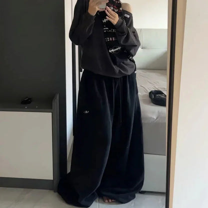 Czarne Spodnie Dresowe Damskie Wide Leg Wysoki Stan – Retro HipHop Korean