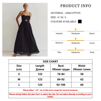Czarna Bawełniana Sukienka Maxi na Ramiączkach z Wycięciami – Luźna Elegancka