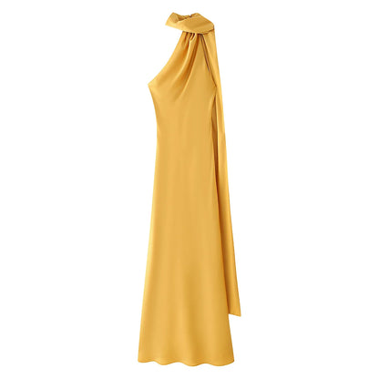 Satynowa Sukienka Halter Maxi z Odkrytymi Plecami – Wesele Studniówka Lato