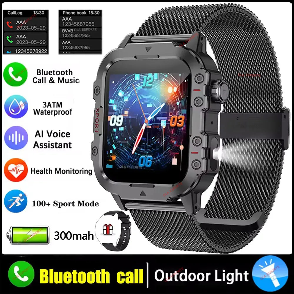 Militarny Smartwatch Męski z Latarką LED i Ekranem 2,01" HD | Bluetooth, Tętno, SpO2