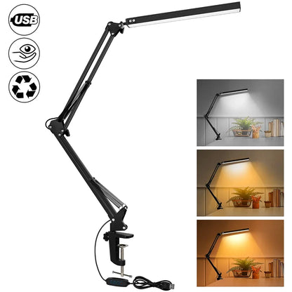 Lampka biurkowa LED 10W z imadłem i ramieniem | 10 poziomów jasności, 3 tryby, USB | ALTCHIHYQ