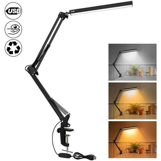 Lampka biurkowa LED 10W z imadłem i ramieniem | 10 poziomów jasności, 3 tryby, USB | ALTCHIHYQ