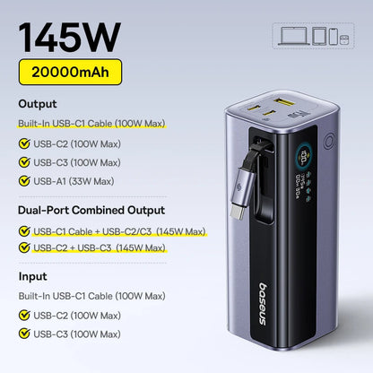 Baseus 145W Power Bank 20800mAh USB-C Szybkie Ładowanie
