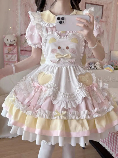 Sukienka Kawaii Lolita z Kokardą i Nadrukiem – Japoński Styl Fake Two Piece