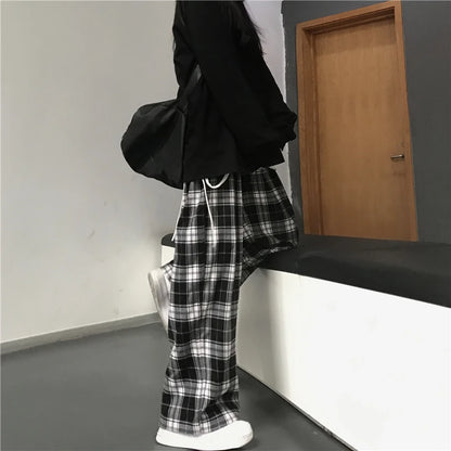 Spodnie Dresowe Oversize w Czarną Kratę – Baggy Unisex HipHop z Kieszeniami