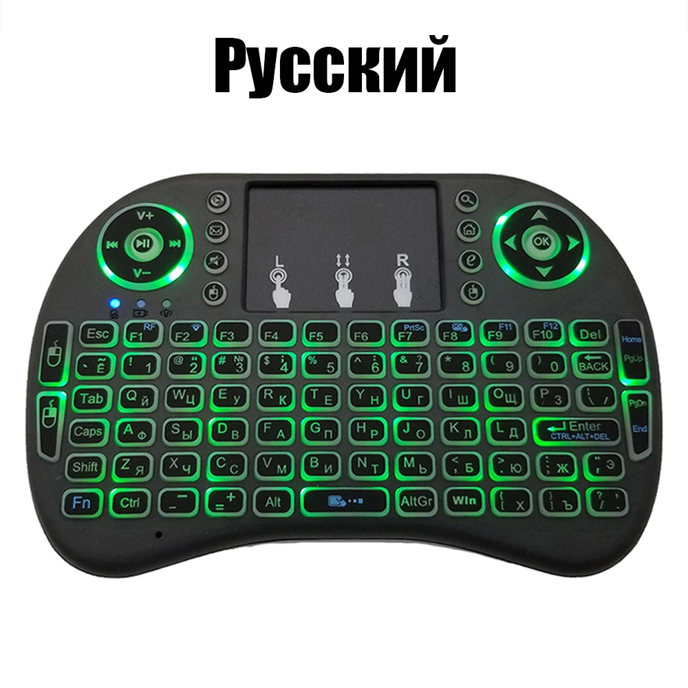 Mini klawiatura bezprzewodowa i8 z touchpadem i podświetleniem RGB – 2.4G, układ RU/EN/FR/ES/AR