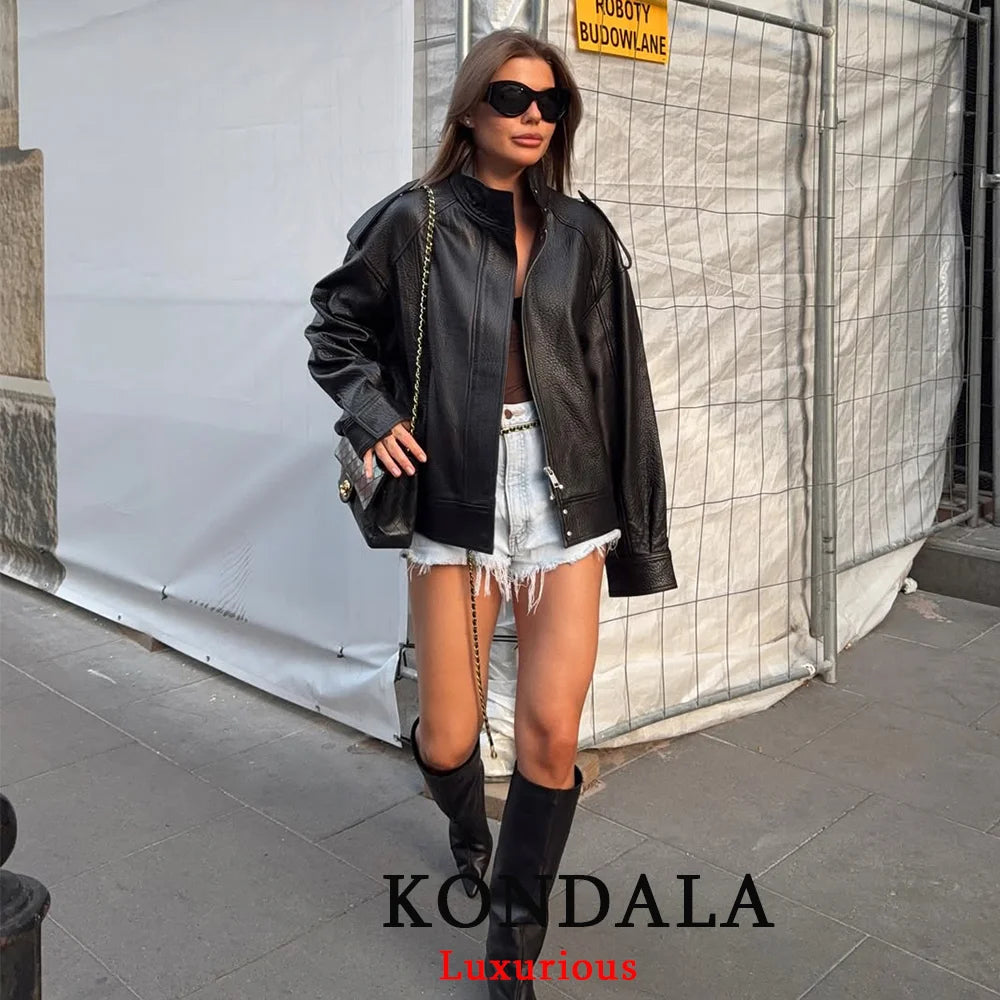Kurtka skórzana damska oversize czarna – elegancki styl casual, wiosna 2026
