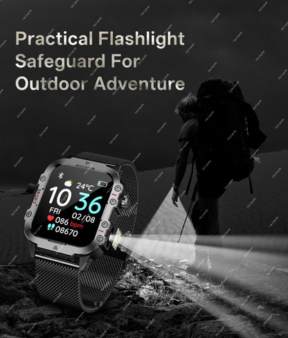 Militarny Smartwatch Męski z Latarką LED i Ekranem 2,01" HD | Bluetooth, Tętno, SpO2