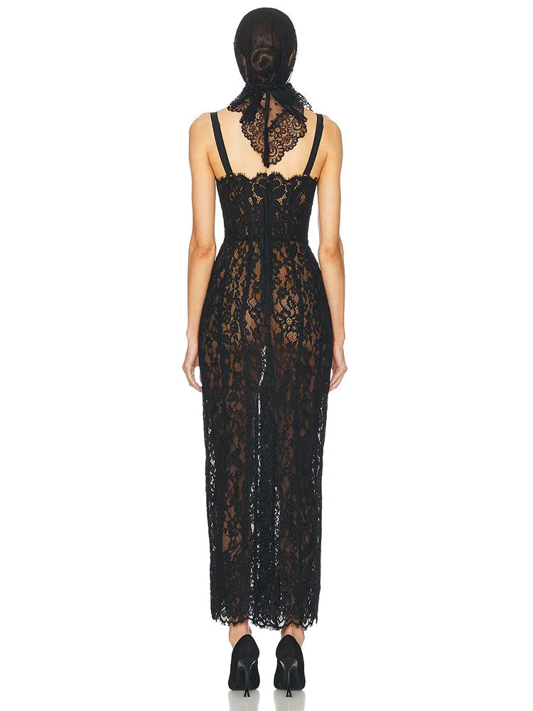 Czarna Koronkowa Sukienka Maxi Bodycon V-neck – Wieczorowa na Imprezę i Randkę