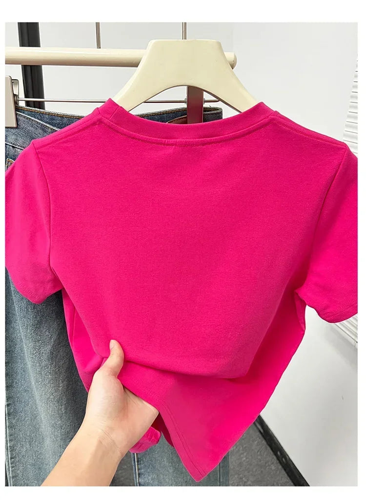 2026 Summer New High Quality Casual T Shirt Sexy Short Sleeved Sleeves Fashion Trend Solid Women Clothing Y2k Tops