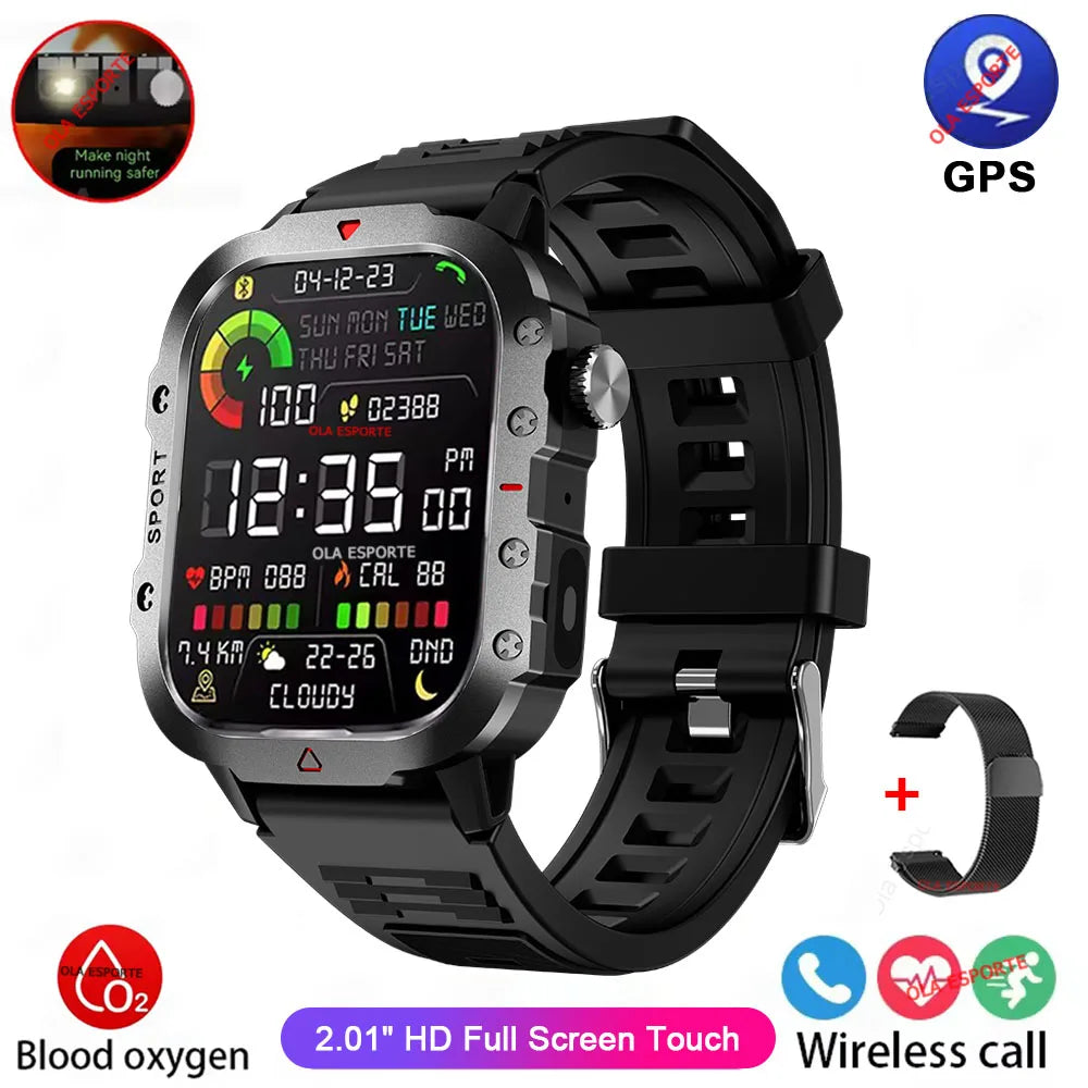 Militarny Smartwatch Męski z Latarką LED i Ekranem 2,01" HD | Bluetooth, Tętno, SpO2