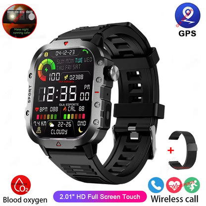 Militarny Smartwatch Męski z Latarką LED i Ekranem 2,01" HD | Bluetooth, Tętno, SpO2
