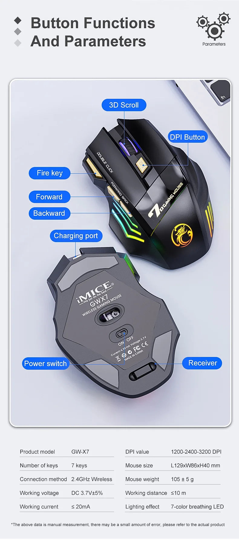 Mysz Bezprzewodowa IMICE GW-X7 Gaming 3200DPI Bluetooth 2.4GHz 7 Klawiszy LED RGB Cicha Ładowalna