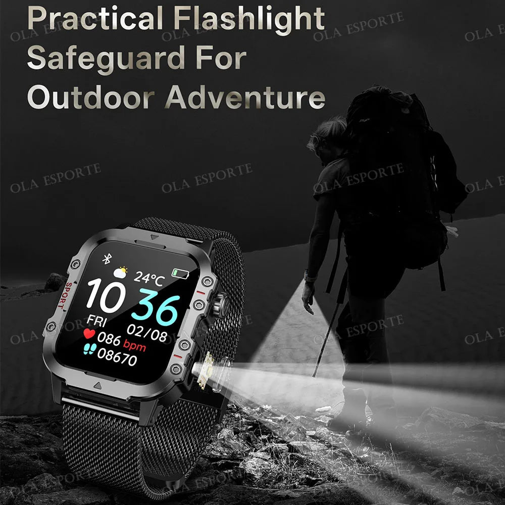 Militarny Smartwatch Męski z Latarką LED i Ekranem 2,01" HD | Bluetooth, Tętno, SpO2