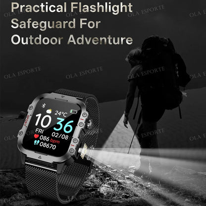 Militarny Smartwatch Męski z Latarką LED i Ekranem 2,01" HD | Bluetooth, Tętno, SpO2
