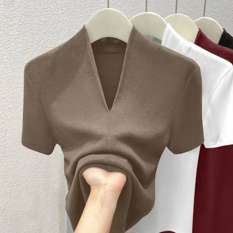Summer 2025 NEW Sexy V Neck Slim T Shirt Women Cotton Elastic Basic Solid Female Casual Tops Short Sleeve Thin T-shirts
