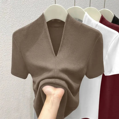 Summer 2025 NEW Sexy V Neck Slim T Shirt Women Cotton Elastic Basic Solid Female Casual Tops Short Sleeve Thin T-shirts