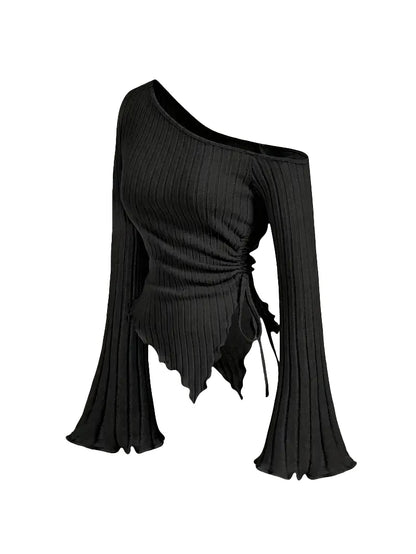 Elegancka bluzka damska z odkrytym ramieniem rękaw trąbka