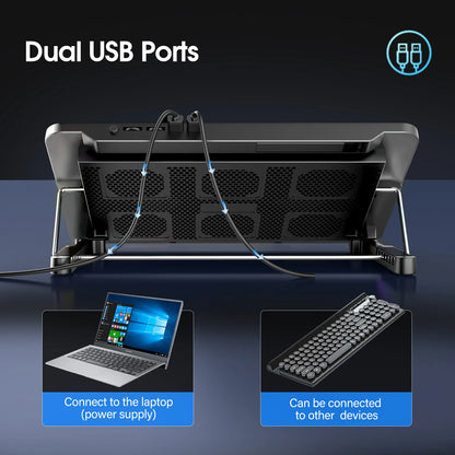 Podstawka chłodząca pod laptopa 15,6"-17,3" | 6 cichych wentylatorów, 7 poziomów wysokości, uchwyt na telefon | Coolcold F5