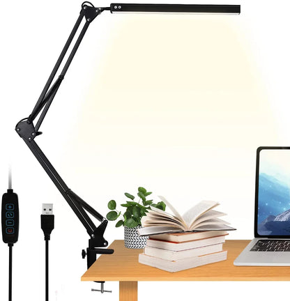 Lampka biurkowa LED 10W z imadłem i ramieniem | 10 poziomów jasności, 3 tryby, USB | ALTCHIHYQ
