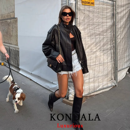 Kurtka skórzana damska oversize czarna – elegancki styl casual, wiosna 2026