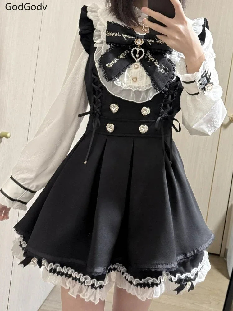 Sukienka Kawaii Lolita z Kokardą i Nadrukiem – Japoński Styl Fake Two Piece
