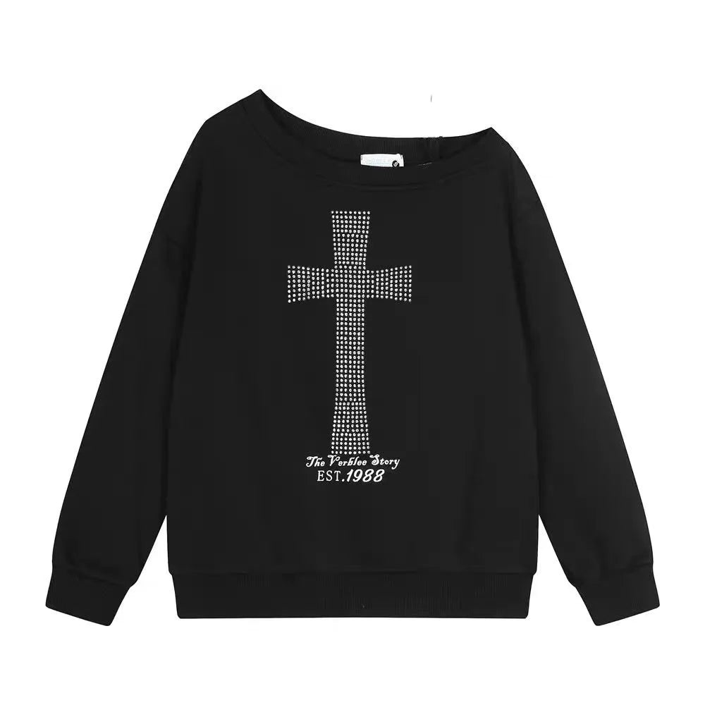 Czarna Bluza z Nadrukiem na Jedno Ramię – Y2K Grunge Harajuku 2000s