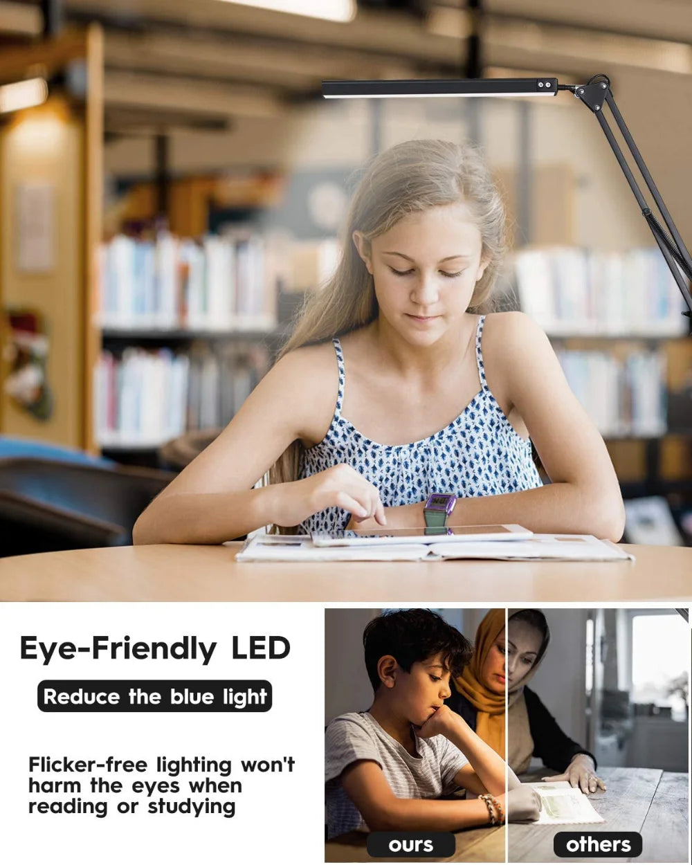 Lampka biurkowa LED 10W z imadłem i ramieniem | 10 poziomów jasności, 3 tryby, USB | ALTCHIHYQ