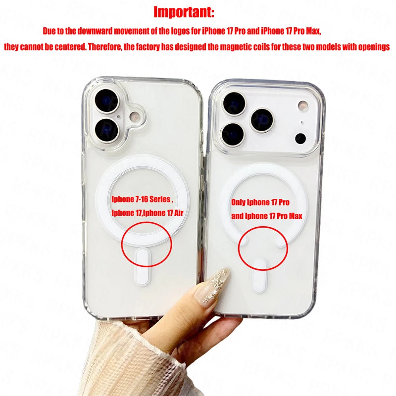 Przezroczyste etui MagSafe do iPhone 17 / Air / 16 / 15 / 14 / 13 / 12 / 11 Pro Max Plus Mini – magnetyczne, bezprzewodowe ładowanie